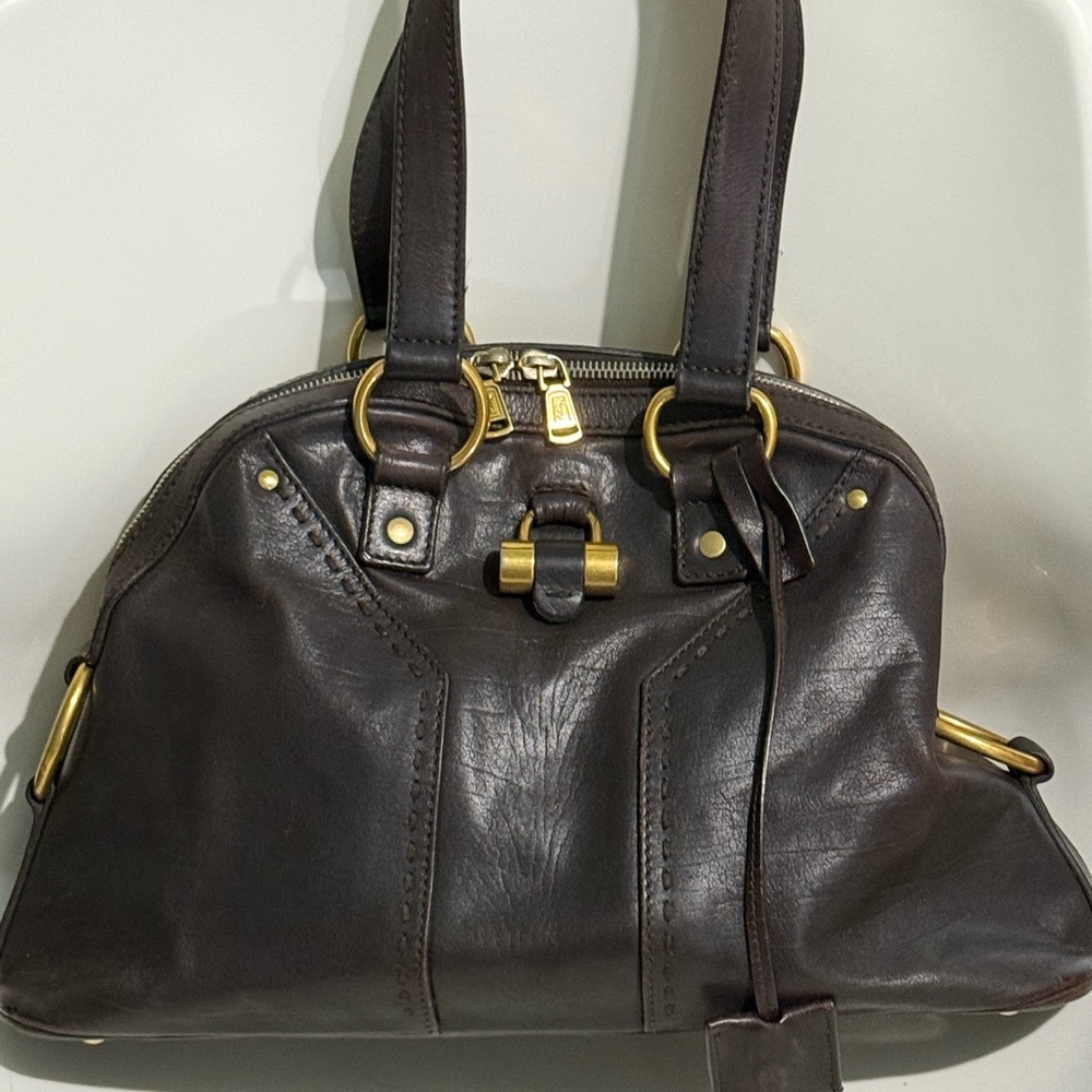 Yves Saint Laurent Black Leather Shoulder Bag with Gold Accents